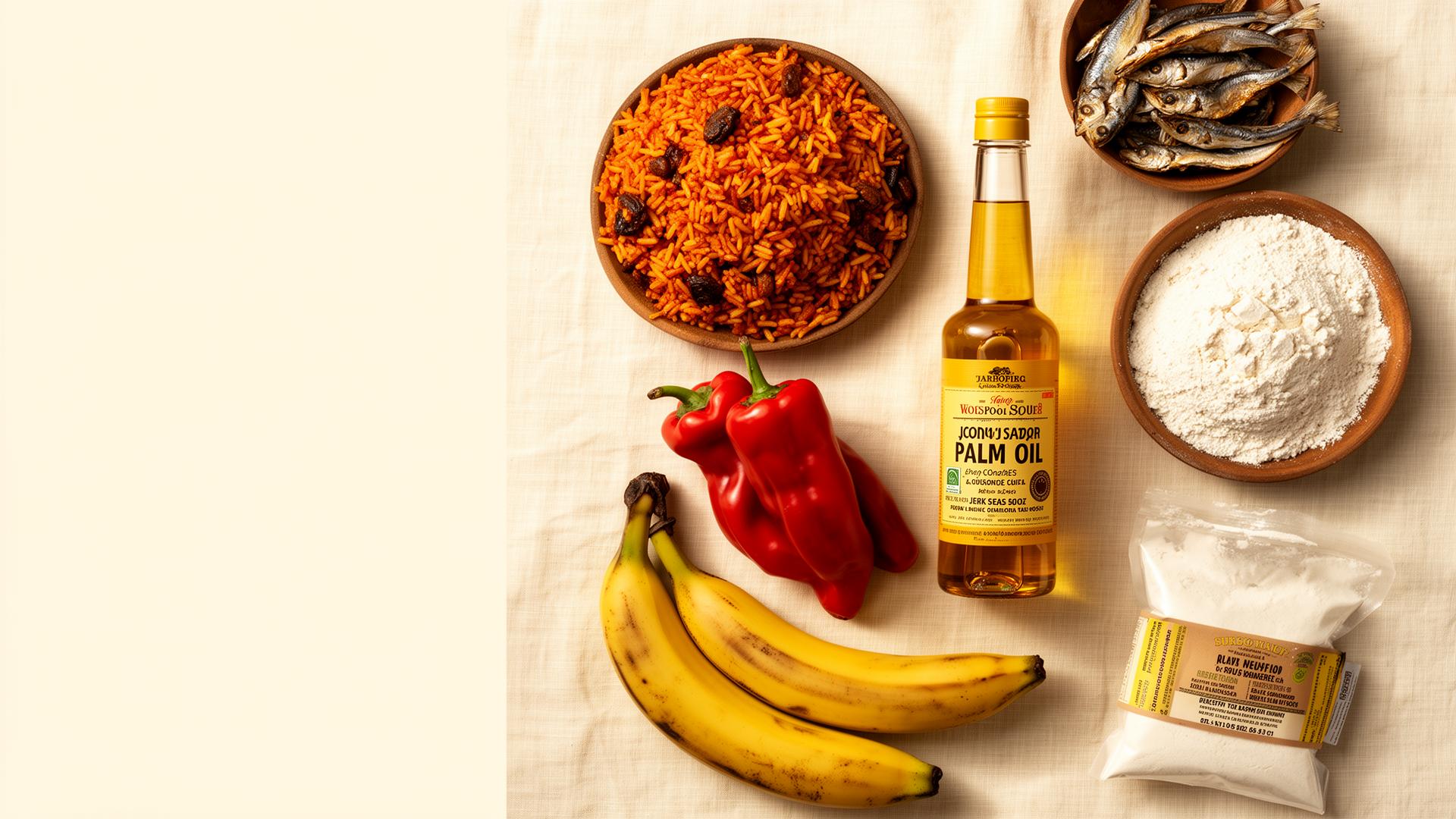 Afro-Caribbean pantry essentials laid out on cream linen